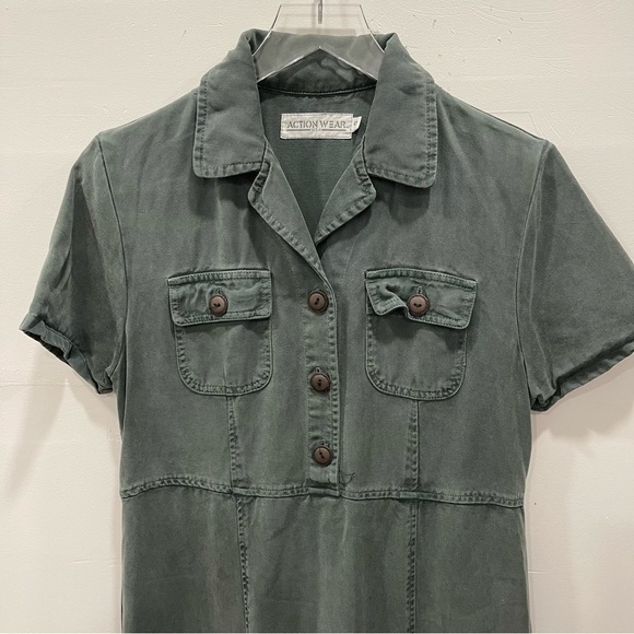 Action Wear USA Military Green Midi Dress Side Slit Small Button Front - Picture 5 of 9